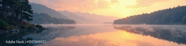 Fototapeta Calming lake scene at dawn with mist rising from water, landscape, peaceful