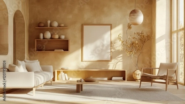 Fototapeta A warm and inviting wooden home living room features a shelf adorned with stylish decorations, a large window allowing natural light, and a mockup frame for personalized artwork or photos.