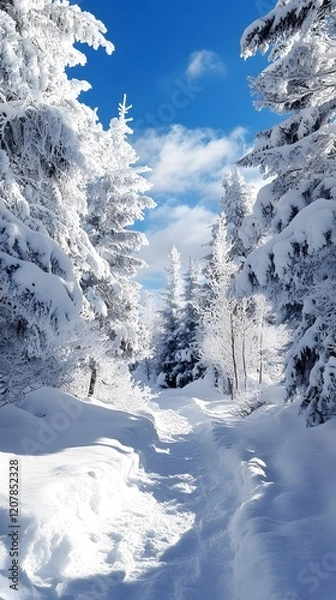 Fototapeta A serene winter path through a snow-covered forest under a bright blue sky.