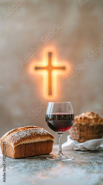 Obraz communion table featuring glass of red wine and fresh bread, symbolizing unity and faith. illuminated cross in background adds spiritual touch