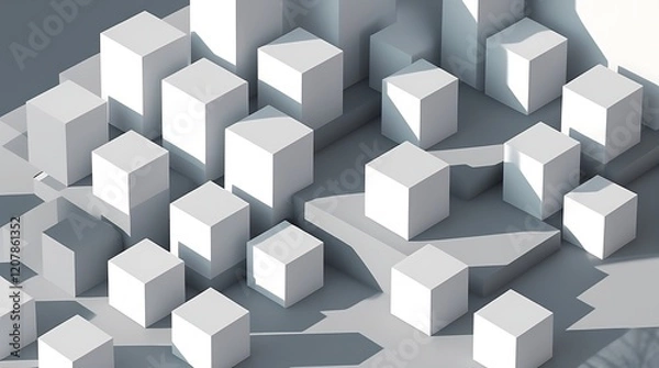 Fototapeta Minimalist geometric digital design with staggered white 3D cubes on a light gray background. Monochromatic color scheme, subtle shadows, clean, and modern style.