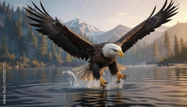 Fototapeta Bald eagle swooping down to grab fish from water , motion, agile, ocean