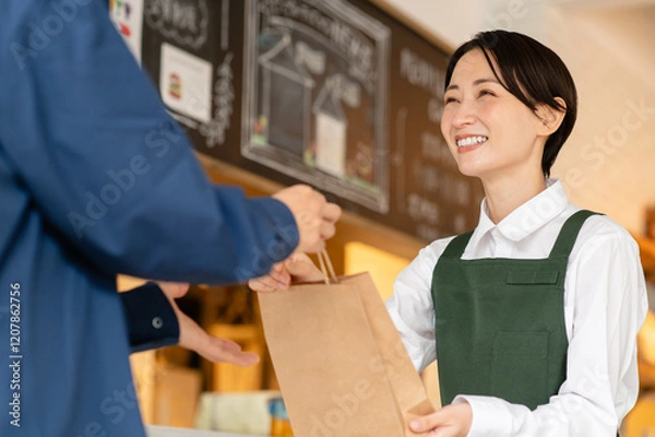 Obraz テイクアウト商品を顧客に渡すカフェ店員
