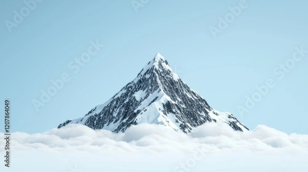 Fototapeta Snowy mountain peak above the clouds in clear blue sky