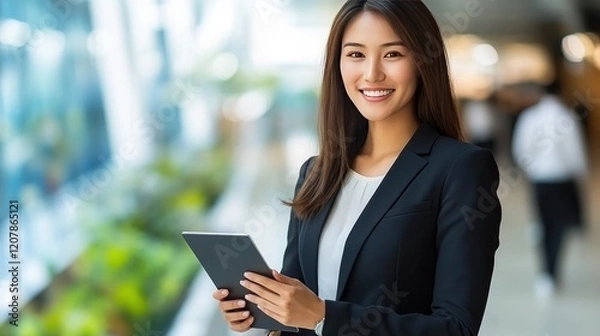Fototapeta Confident Businesswoman Using Tablet in Modern Office Setting