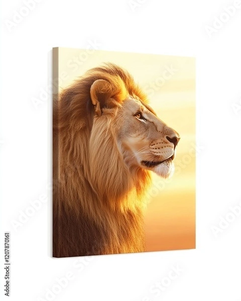 Fototapeta Majestic lion portrait in golden sunset, lion artwork with golden light, powerful lion portrait in warm sunset glow, Majestic lion basking in golden sunset.