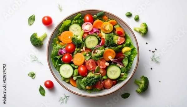 Fototapeta salad bowl on table healthy bowl with mixed vegetables top down view vibrant and colorful health and wellness theme clean white background