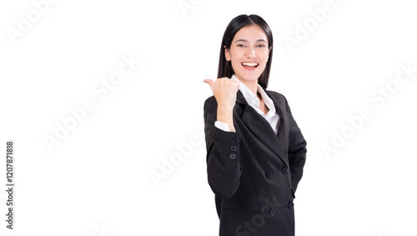Fototapeta Happy Young business woman in a black suit, smiling confidently while pointing to copy space. Making it ideal for business, marketing or corporate themes