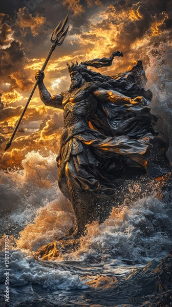 Obraz majestic bronze statue of Poseidon wielding trident amidst crashing waves and dramatic clouds