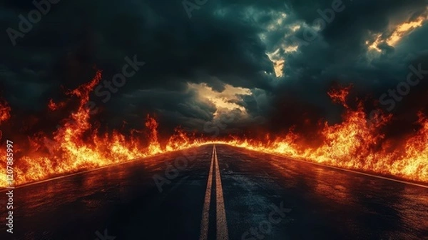 Fototapeta Dramatic scene of a road surrounded by raging flames on both sides, with dark stormy clouds in the background creating an intense and apocalyptic atmosphere.