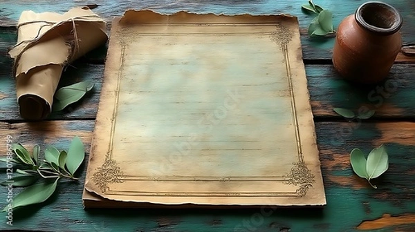 Fototapeta Antique Parchment Paper On Rustic Wooden Tabletop