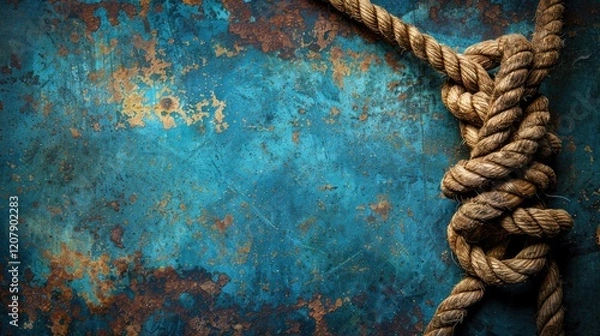 Fototapeta A close-up of a textured blue background with a thick rope tied in a knot.