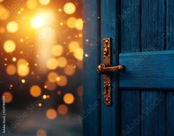 Fototapeta An enchanting blue door adorned with a golden handle opens to a world of soft bokeh lights, symbolizing new opportunities and inviting warmth into the space beyond.