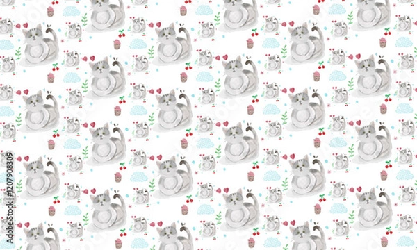 Fototapeta Seamless pattern with cartoon cat lovers  hand-drawn element for  surfaces 