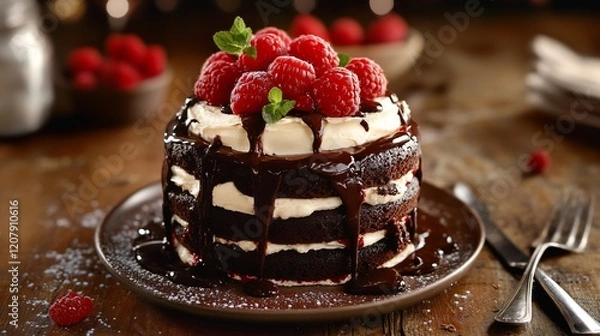 Fototapeta Decadent Chocolate Raspberry Cake: A Culinary Masterpiece