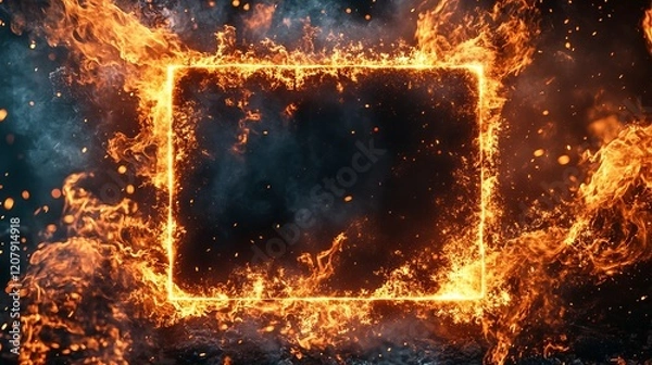 Fototapeta Intense Flames Erupting from a Square Frame Surrounded by Smoke and Ashes Creating a Dramatic Scene