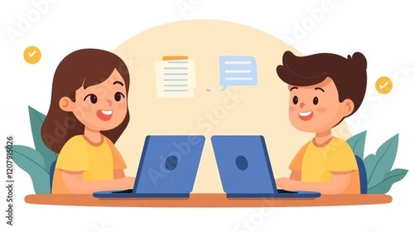 Obraz Happy children collaborating on laptops for online learning