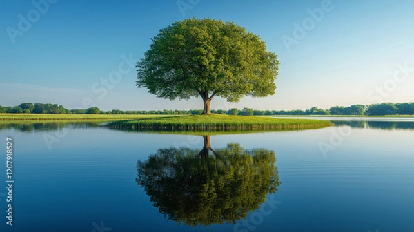 Fototapeta A solitary tree stands on a small island in a serene lake, surrounded by misty mountains and reflecting in the still water.
