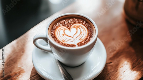 Obraz Heart-Shaped Latte Art Coffee Cup, Brewed Elegance with a Touch of Love.