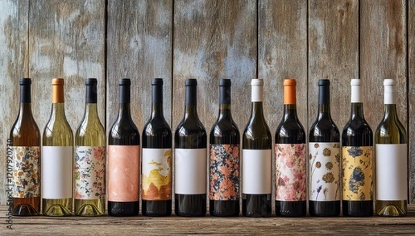 Fototapeta Photo of multiple wine bottles with blank labels on the front, arranged in rows against an old wooden background. The bottle bodies are of various sizes and shapes to show diversity, with some display