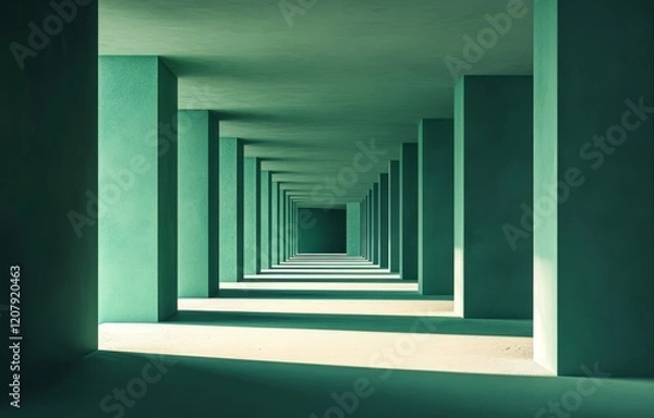 Fototapeta Abstract green hallway with columns receding into perspective.
