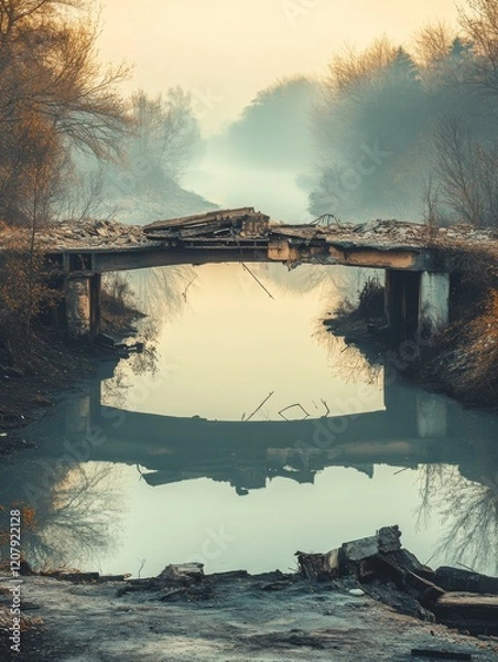Obraz Ruined bridge reflected in calm water at dawn
