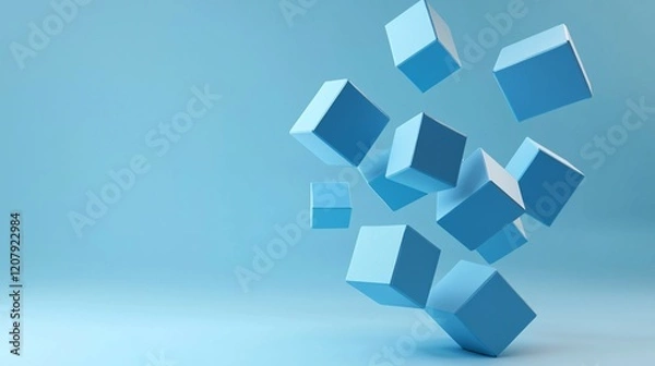 Fototapeta Floating Glossy Blue Cubes Abstract Background featuring glossy floating blue cubes with soft gradients and dynamic reflections