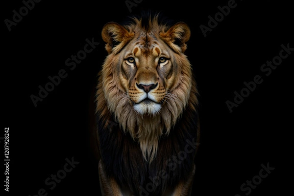 Fototapeta Lion front view portrait on a black background, realistic photography illustration in a low key style.