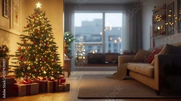 Fototapeta A cozy corner of a living room adorned with a Christmas tree decorated with shimmering lights