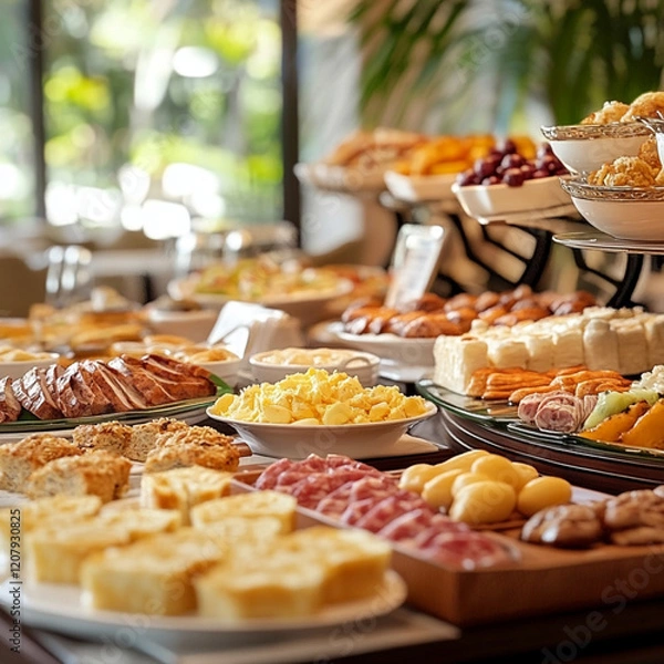Fototapeta A luxury hotel breakfast buffet arranged with fine china and an array of international breakfast options such as French pastries, scrambled eggs, smoked meats, and fresh tropical fruits.