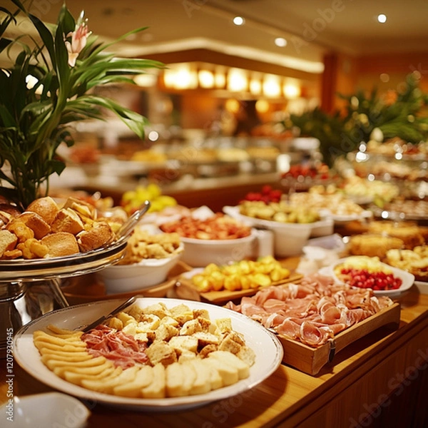 Fototapeta 
A luxury hotel breakfast buffet arranged with fine china and an array of international breakfast options such as French pastries, scrambled eggs etc.