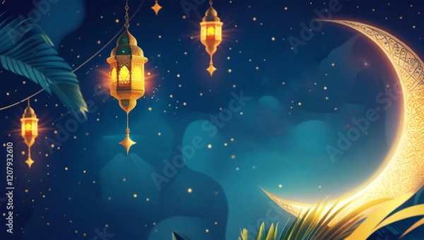 Fototapeta Greeting card background, eid mubarak glowing crescent moon with hanging lantern