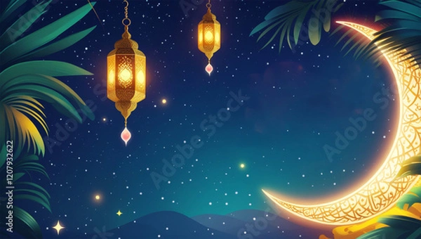 Fototapeta Greeting card background, eid mubarak glowing crescent moon with hanging lantern