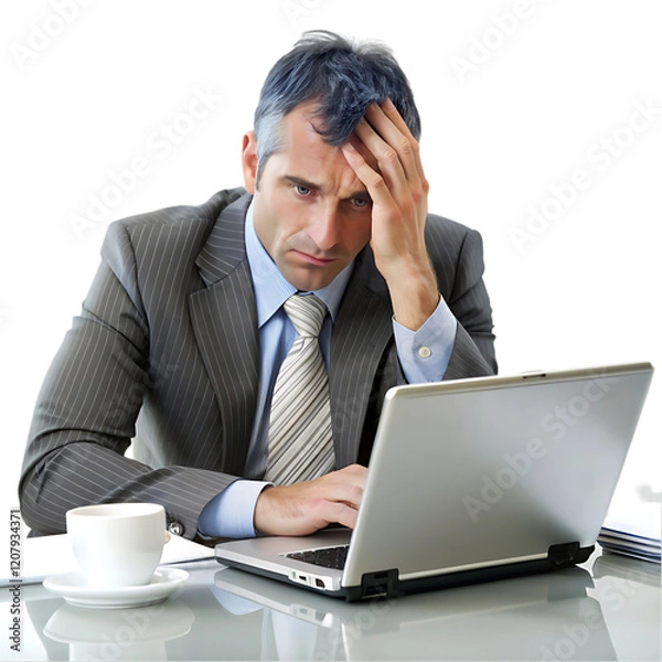 Obraz Stressed Businessman Working Laptop Serious Problem job tie desk grey suit tired adult    