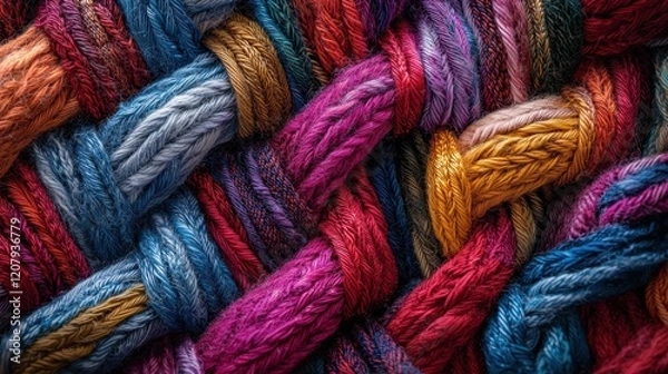 Obraz A close-up view reveals vibrant colors of braided threads interwoven together, reflecting detailed craftsmanship in textile art during the daylight