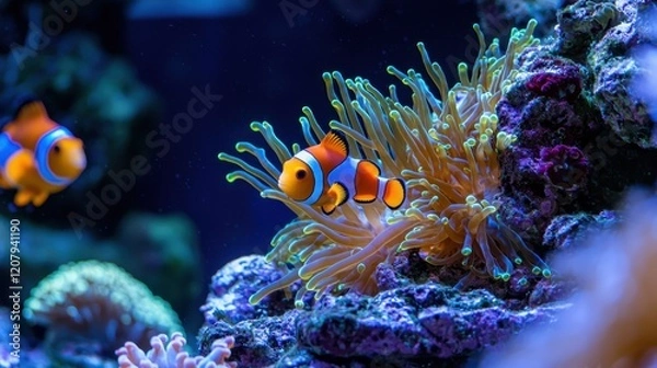 Fototapeta Brightly colored clownfish navigate the shimmering waters of a coral reef, surrounded by lush anemones and diverse marine life, creating a lively underwater atmosphere