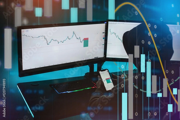 Fototapeta A man sitting in front of his computer, and he is trading.