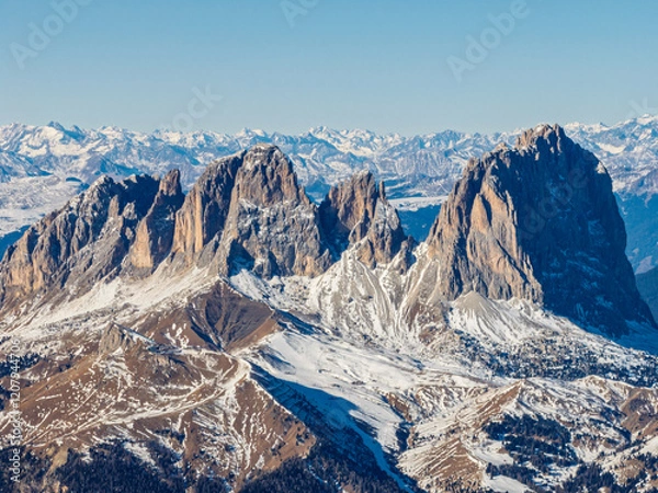 Fototapeta Aerial View Of Marmolada Glacier From Drone, Dolomite Mountains. Sella Ronda group and the Marmolada group in winter. Marmolada in winter, Dolomites and Tauern range in background, Dolomites, Italy.