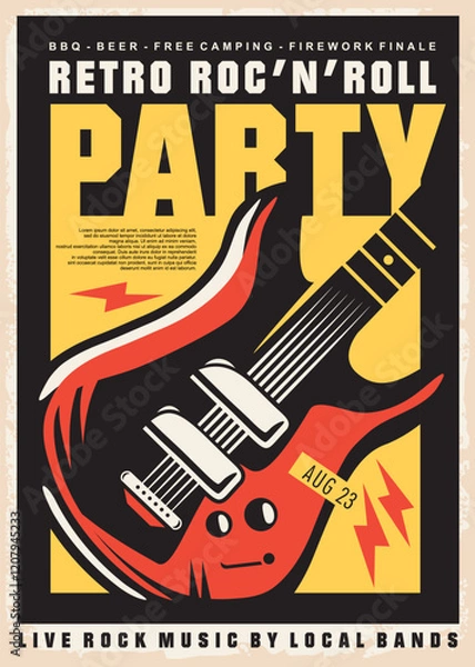 Obraz Retro rock and roll party poster with electric guitar graphic. Musical event vector illustration concept.