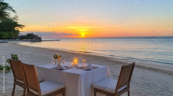 Fototapeta romantic outdoor dining setup at beachfront during sunset, featuring beautifully arranged table with candles and flowers, creating serene atmosphere