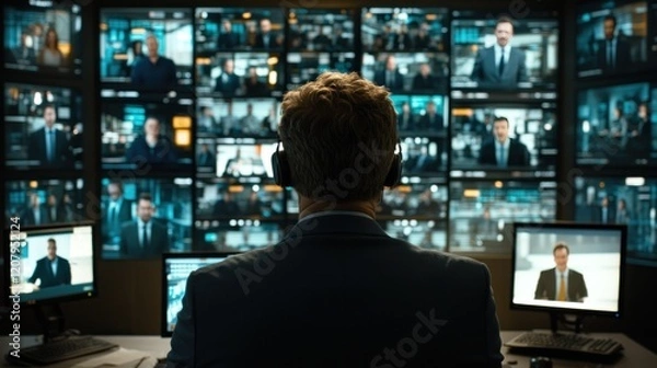 Fototapeta Man Monitoring Multiple Screens in a Modern Control Room