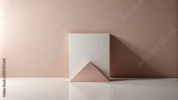 Fototapeta Minimalist abstract composition featuring a pale pink triangle base and off-white rectangular panel against a muted pink backdrop