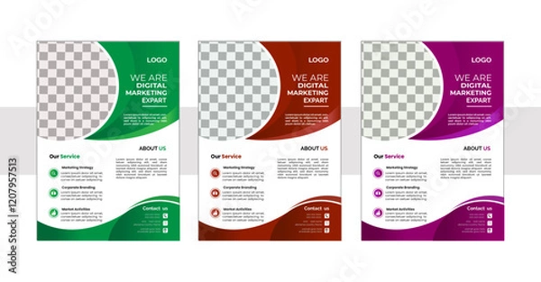 Fototapeta  A bundle of 3 templates of different colors a4 flyer template, modern business flyer template,  Business abstract vector template. Brochure design, cover modern layout, annual report, poster.  