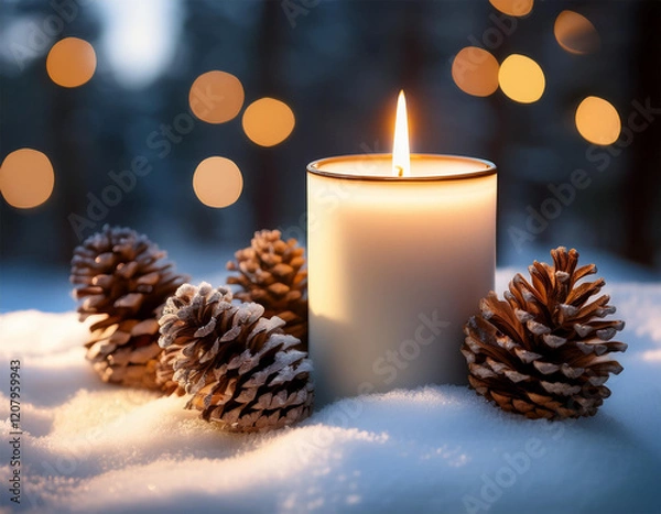 Fototapeta cozy winter scene with a lit candle and pine cones on snow for a peaceful holiday atmosphere