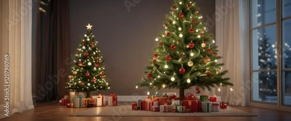 Fototapeta Christmas tree decorated with ornaments and lights, peaceful atmosphere, holly berries , elegant centerpiece
