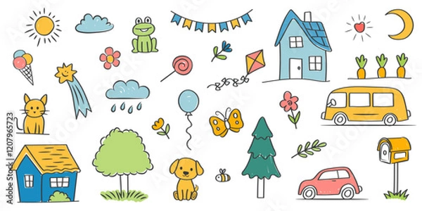 Fototapeta Cute doodle colorful set of chalk children drawings. House, tree, cat, dog on white background. 