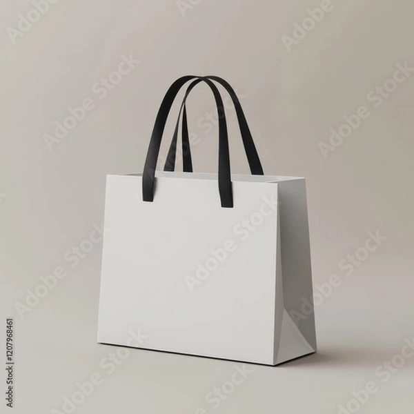 Obraz White paper shopping bag with black handles on neutral background.