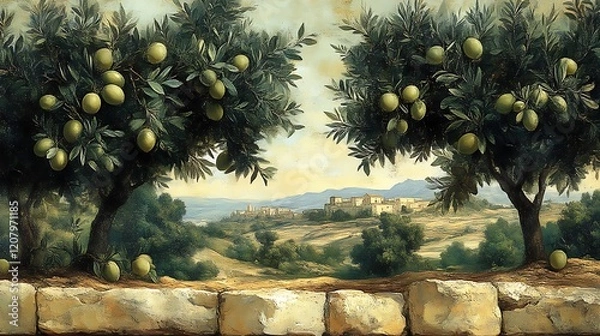 Obraz Olive Trees Landscape Painting Featuring Distant Village