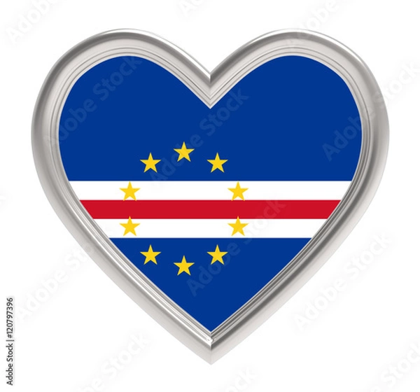 Fototapeta Cape Verde flag in silver heart isolated on white background. 3D illustration.