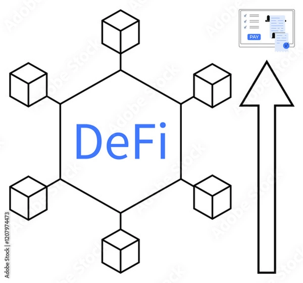 Fototapeta Hexagonal structure representing DeFi with blockchain nodes, upward arrow symbolizing growth and development, digital transaction receipt. Ideal for blockchain, cryptocurrencies, financial